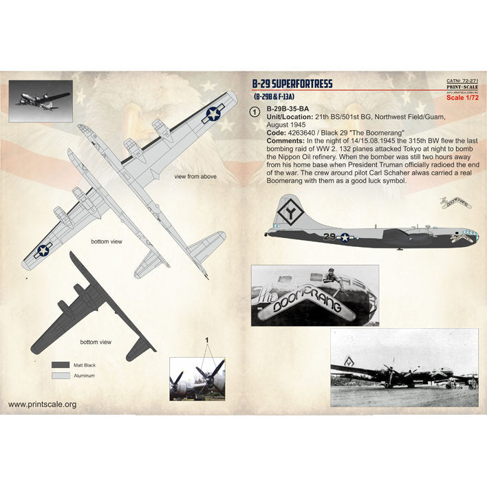 Print Scale 72-271 Decal 1:72 Boeing B-29 Superfortress, (B-29B & F-13A) Part 1 In the complete set 1.5 sheets