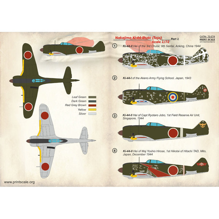 Print Scale 72-274 Decal Nakajima Ki-44 Shoki (Tojo) Part-1 Scale 1:72 for Aircraft Plastic model kit