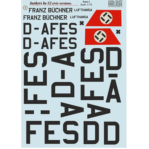 Print Scale 72-277 Decal 1:72 Junkers Ju-52 civic version Part 1 In the complete set 2 sheets