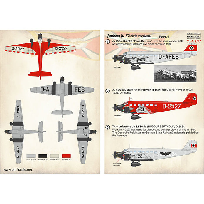 Print Scale 72-277 Decal 1:72 Junkers Ju-52 civic version Part 1 In the complete set 2 sheets