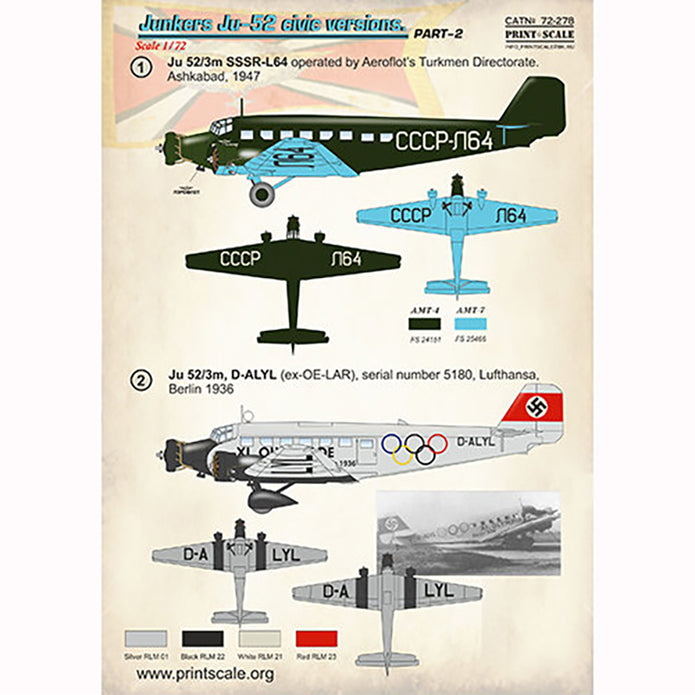 Print Scale 72-278 Decal 1:72 Junkers Ju-52 civic version Part 2 In the complete set 2 sheets