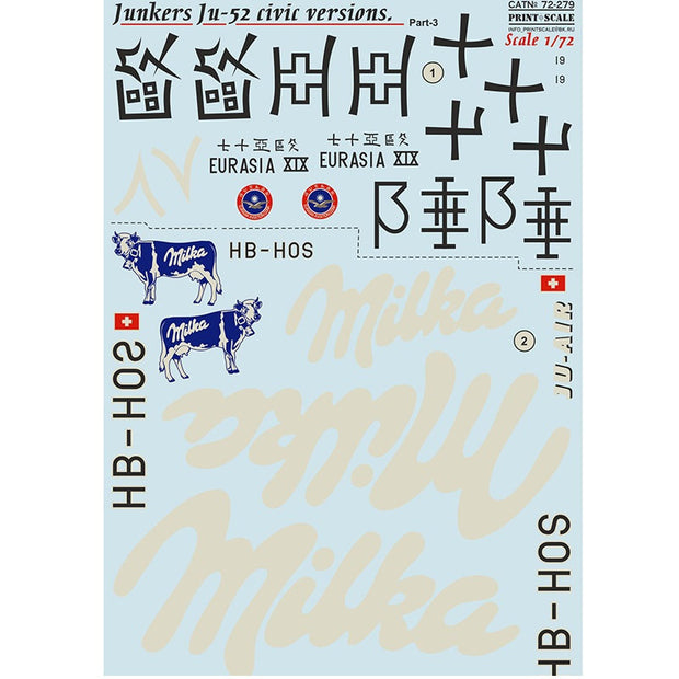 Print Scale 72-279 Decal 1:72 Junkers Ju-52 civic version Part 3 In the complete set 1.5 sheets