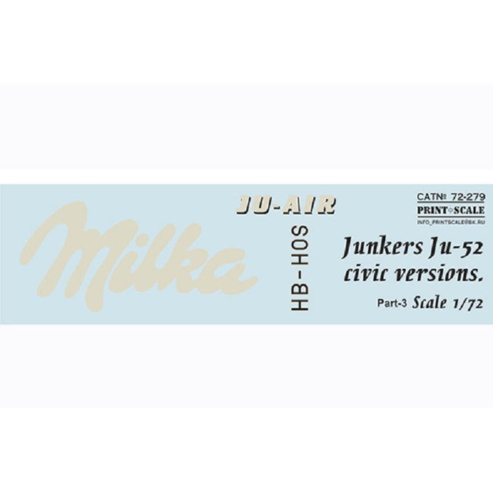 Print Scale 72-279 Decal 1:72 Junkers Ju-52 civic version Part 3 In the complete set 1.5 sheets