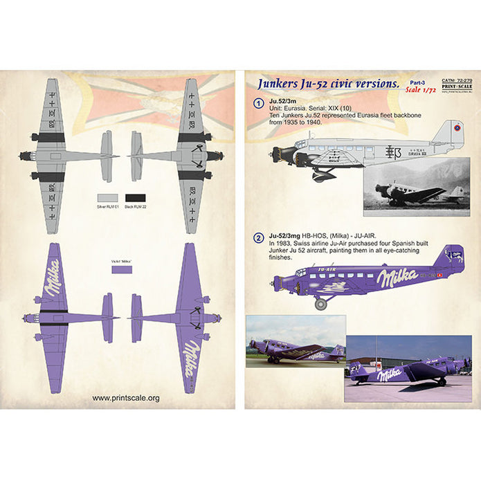 Print Scale 72-279 Decal 1:72 Junkers Ju-52 civic version Part 3 In the complete set 1.5 sheets