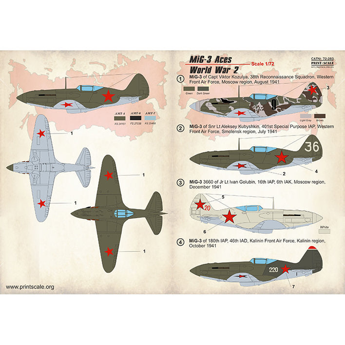 Print Scale 72-283 Decal MIg-3 Top Pilots of World War II Scale 1:72 for Aircraft Plastic model kit