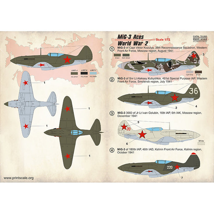 Print Scale 72-283 Decal MIg-3 Top Pilots of World War II Scale 1:72 for Aircraft Plastic model kit