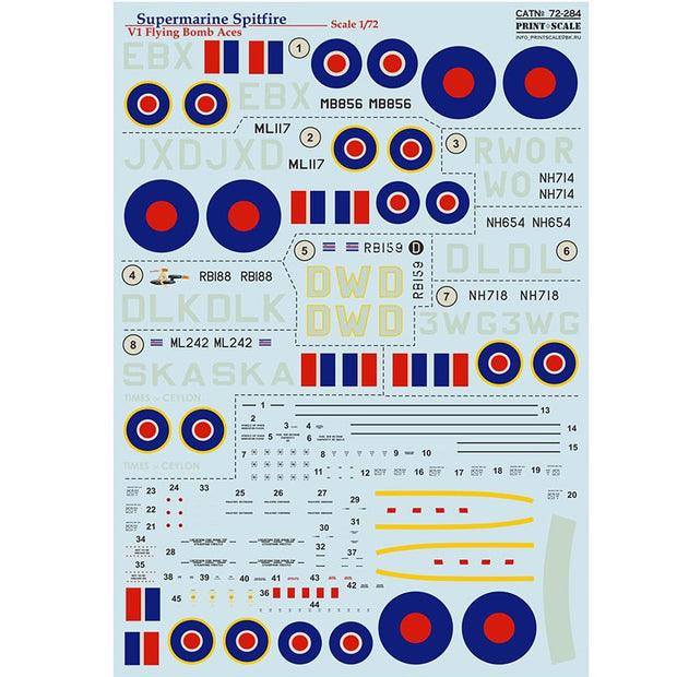 Print Scale 72-284 Decal 1:72 V1 Flying Bomb Top Pilots Supermarine Spitfire In the complete set 1.5 sheets