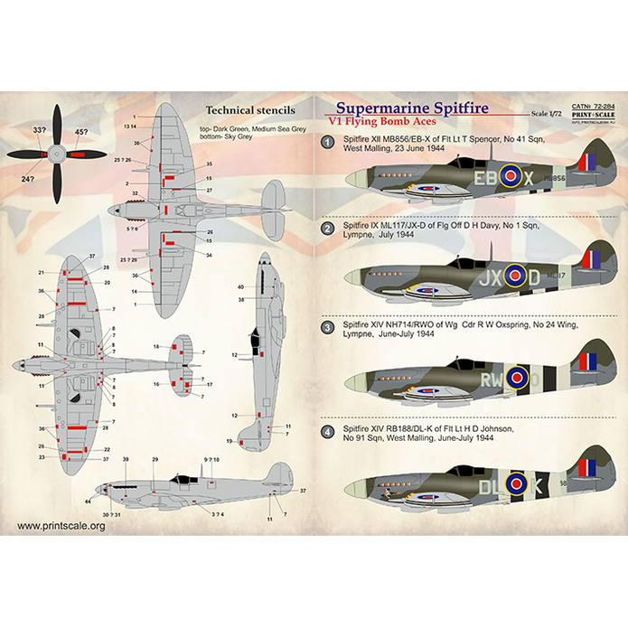 Print Scale 72-284 Decal 1:72 V1 Flying Bomb Aces Supermarine Spitfire In the complete set 1.5 sheets