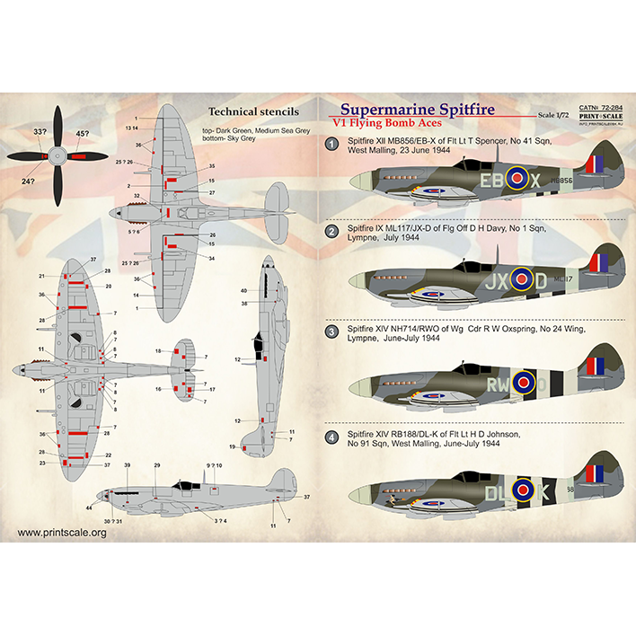 Print Scale 72-284 Decal 1:72 V1 Flying Bomb Aces Supermarine Spitfire In the complete set 1.5 sheets
