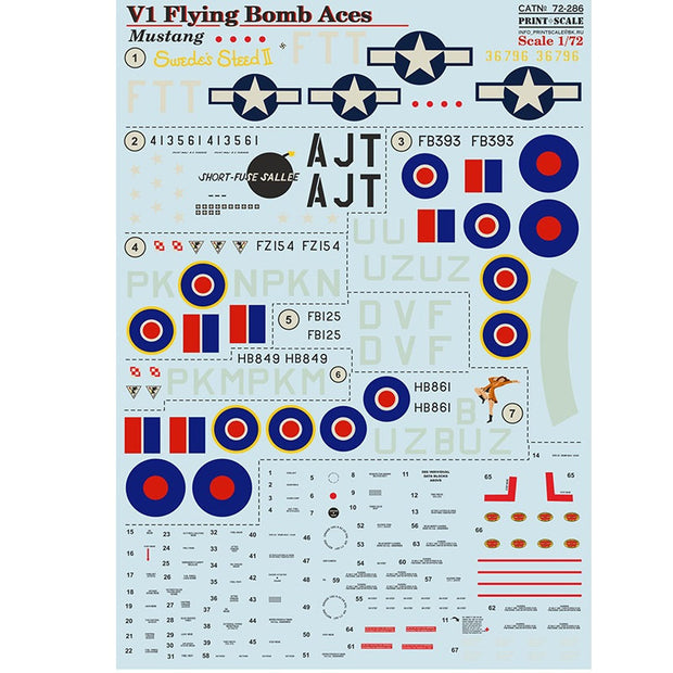 Print Scale 72-286 Decal V-1 Flying Bomb Top Pilots - P-51 Mustang Scale 1:72 for Aircraft Plastic model kit