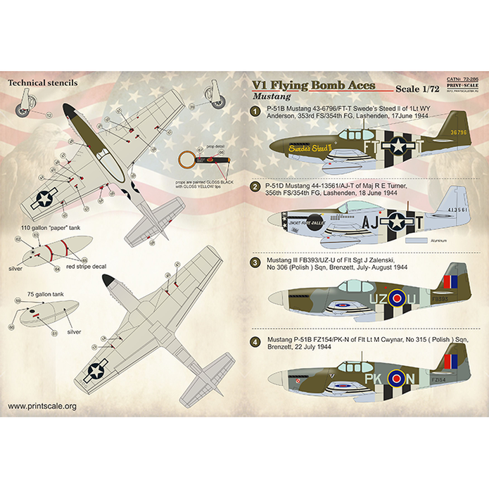 Print Scale 72-286 Decal V-1 Flying Bomb Aces - P-51 Mustang Scale 1:72 for Aircraft Plastic model kit