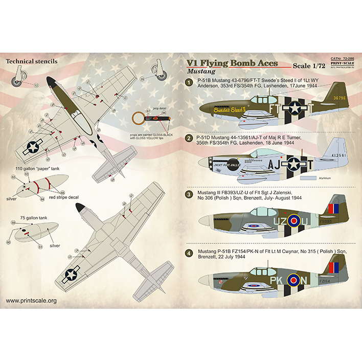 Print Scale 72-286 Decal V-1 Flying Bomb Aces - P-51 Mustang Scale 1:72 for Aircraft Plastic model kit