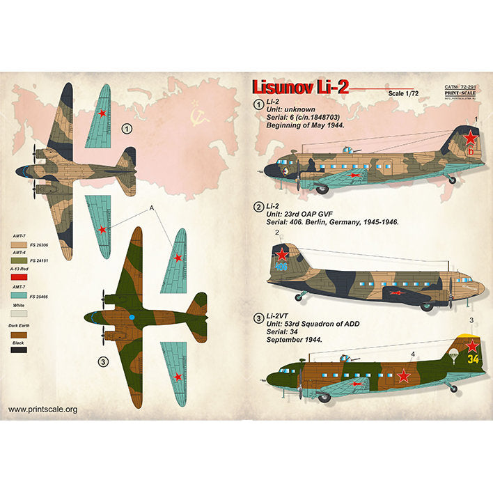 Print Scale 72-291 Decal Lisunov Li-2 In the complete set 1.5 sheets Scale 1:72 for Aircraft Plastic model kit