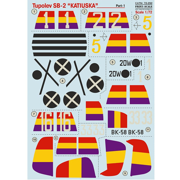 Print Scale 72-292 Decal Tupolev SB-2 "Katushka" Part 1 Scale 1:72 for Aircraft Plastic model kit