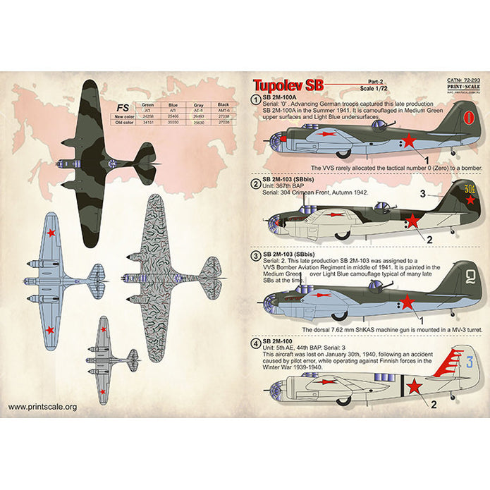 Print Scale 72-293 Decal Tupolev SB-2 "Katushka" Part 2 Scale 1:72 for Aircraft Plastic model kit