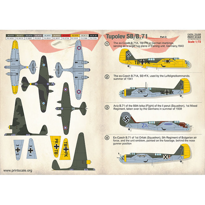 Print Scale 72-295 Decal Tupolev SB/B.71 Part 3 In the complete set 1.5 sheets Scale 1:72