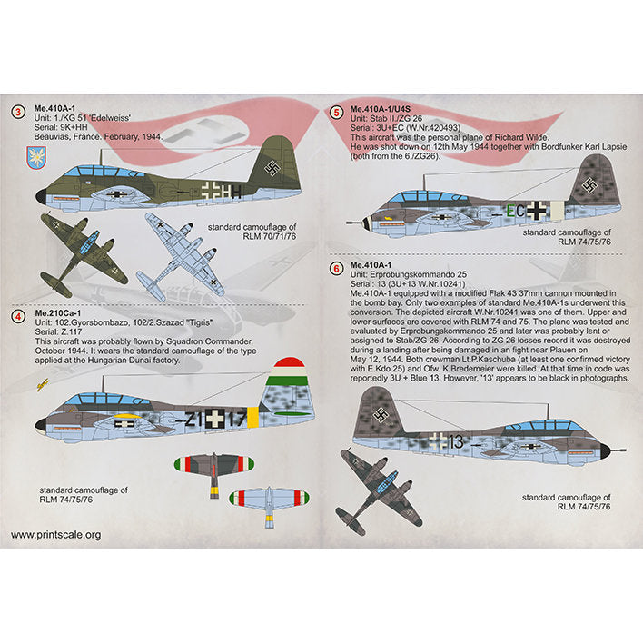 Print Scale 72-298 Decal Messerschmitt Me.210 Me.410 Hornisse Scale 1:72 for Aircraft Plastic model kit