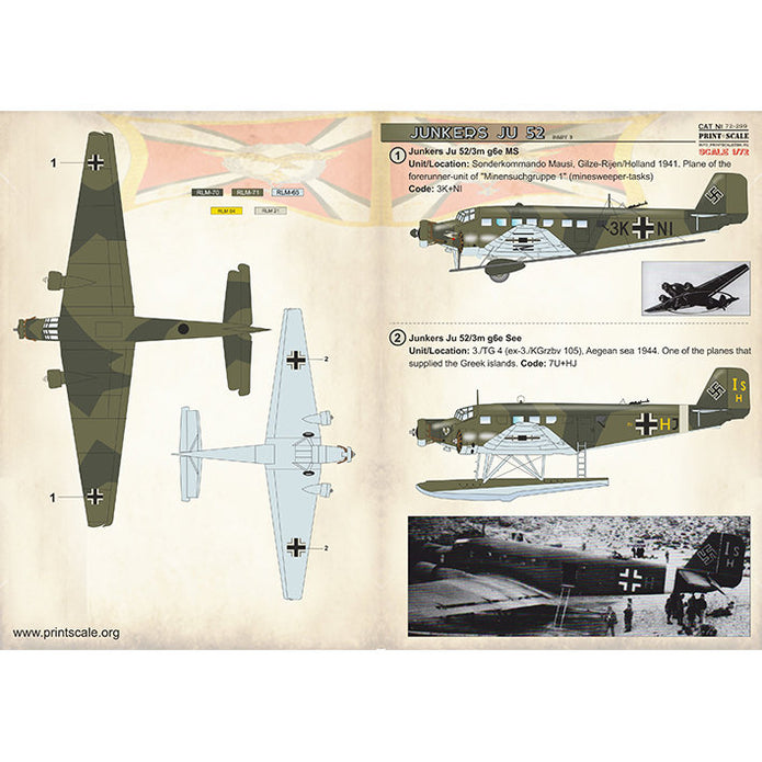 Print Scale 72-299 Decal Junkers Ju 52 Part 3 Scale 1:72 for Aircraft Plastic model kit