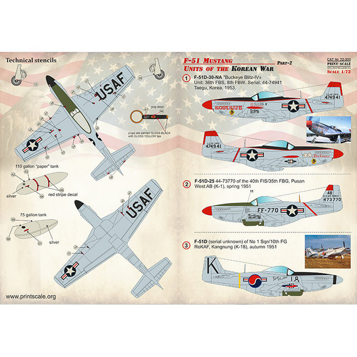 Print Scale 72-300 Decal F-51 Mustang Part 2 Scale 1:72 for Aircraft Plastic model kit