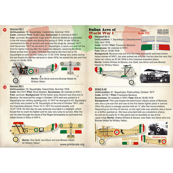 Print Scale 72-301 Decal Italian Aces of WW Part 2 Scale 1:72 for Aircraft Plastic model kit