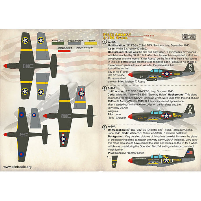 Print Scale 72-302 Decal A-36 Apache Scale 1:72 for Aircraft Plastic model kit