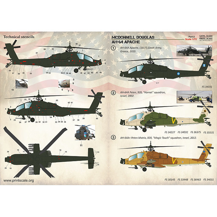 Print Scale 72-304 Decal McDonnell Douglas AH-64 Apache Part-2 Scale 1:72 for Helicopter Plastic model kit