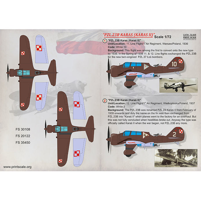 Print Scale 72-305 Decal PZL.23B Karas (Karas II) Scale 1:72 for Aircraft Plastic model kit