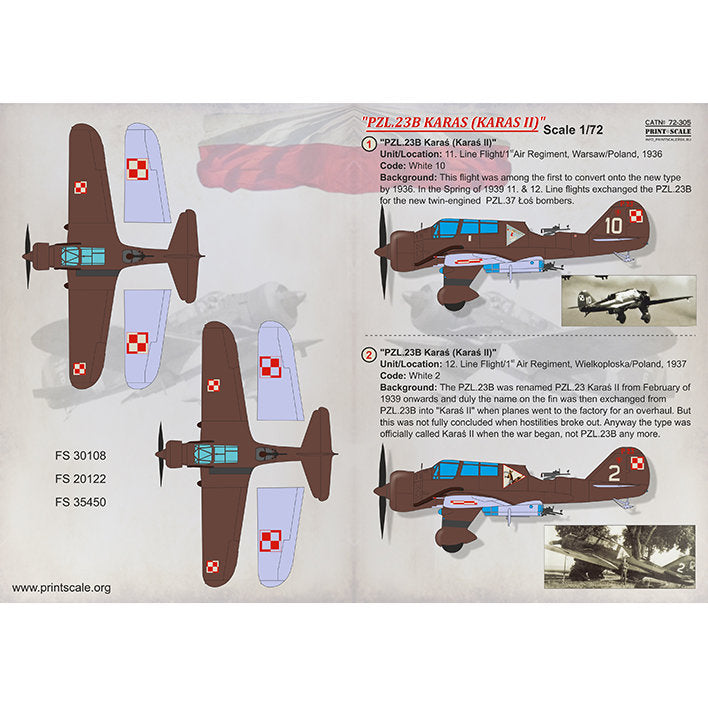Print Scale 72-305 Decal PZL.23B Karas (Karas II) Scale 1:72 for Aircraft Plastic model kit