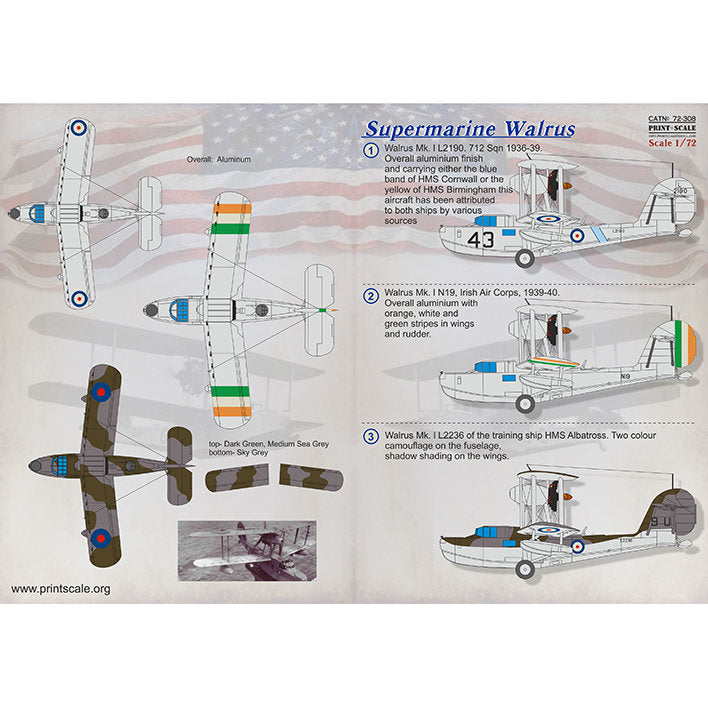 Print Scale 72-308 Decal Supermarine Walrus Scale 1:72 for Aircraft Plastic model kit