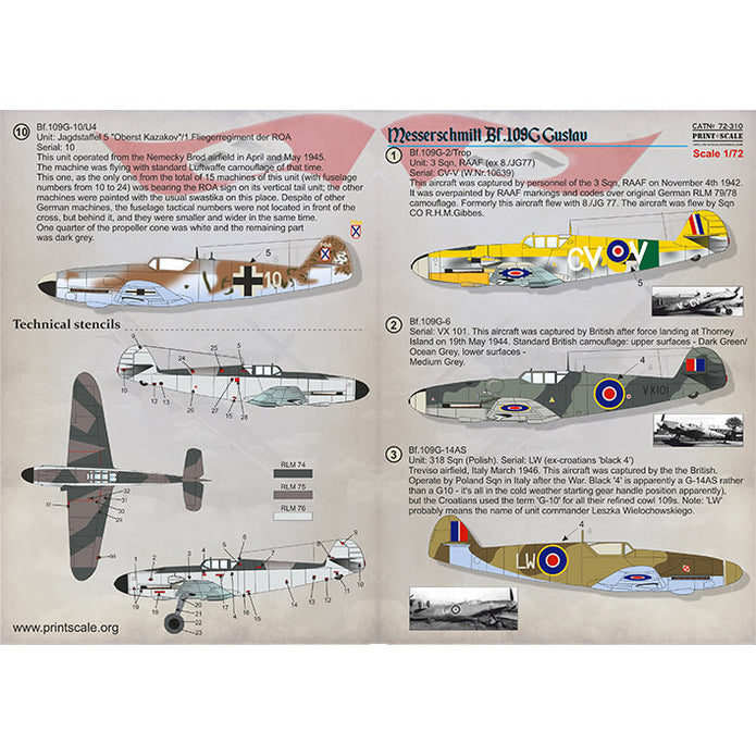 Print Scale 72-310 Decal Messerschmitt Bf 109 G Gustav (trophy version) Scale 1:72 for Aircraft Plastic model kit