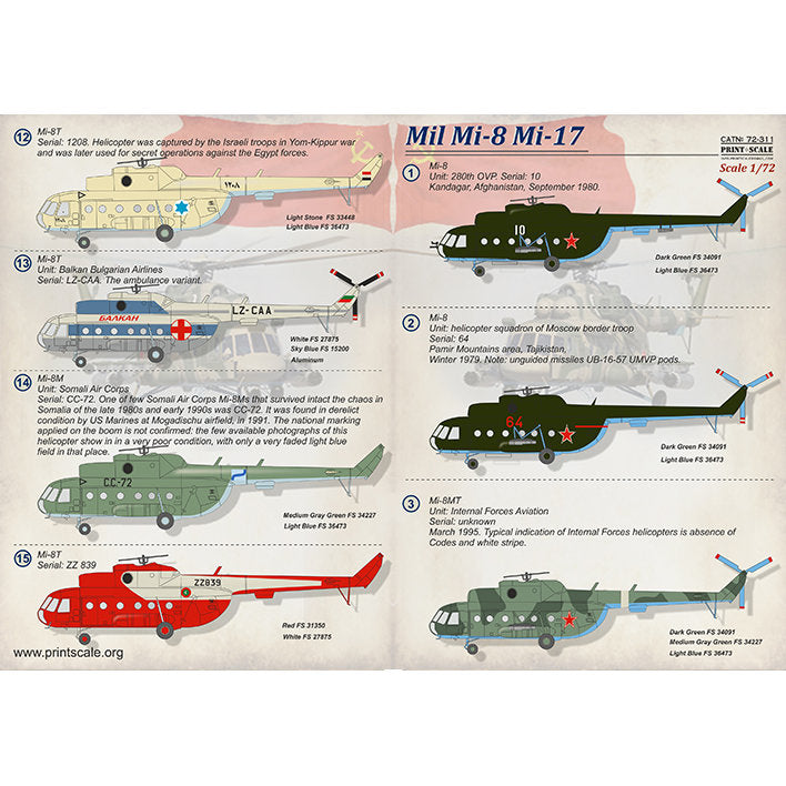 Print Scale 72-311 Decal Mil Mi-8 Mi-17 Scale 1:72 for Helicopter Plastic model kit