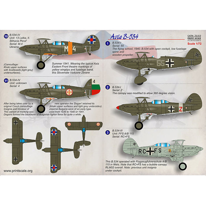 Print Scale 72-313 Decal Avia B-534 Scale 1:72 for Aircraft Plastic model kit