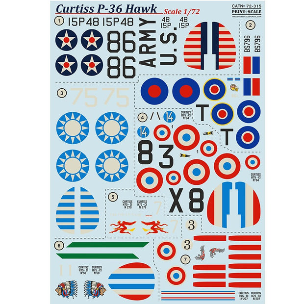 Print Scale 72-315 Decal Curtiss P-36 Hawk Scale 1:72 for Aircraft Plastic model kit