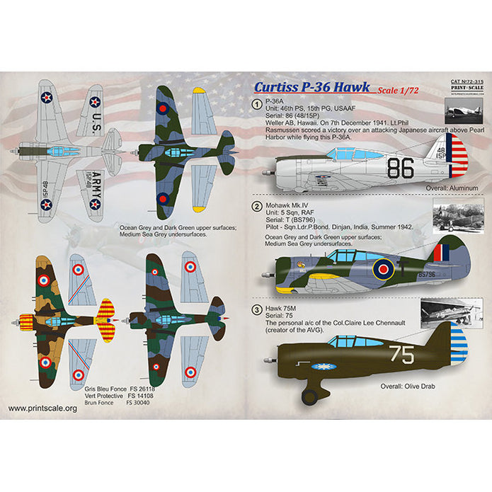 Print Scale 72-315 Decal Curtiss P-36 Hawk Scale 1:72 for Aircraft Plastic model kit