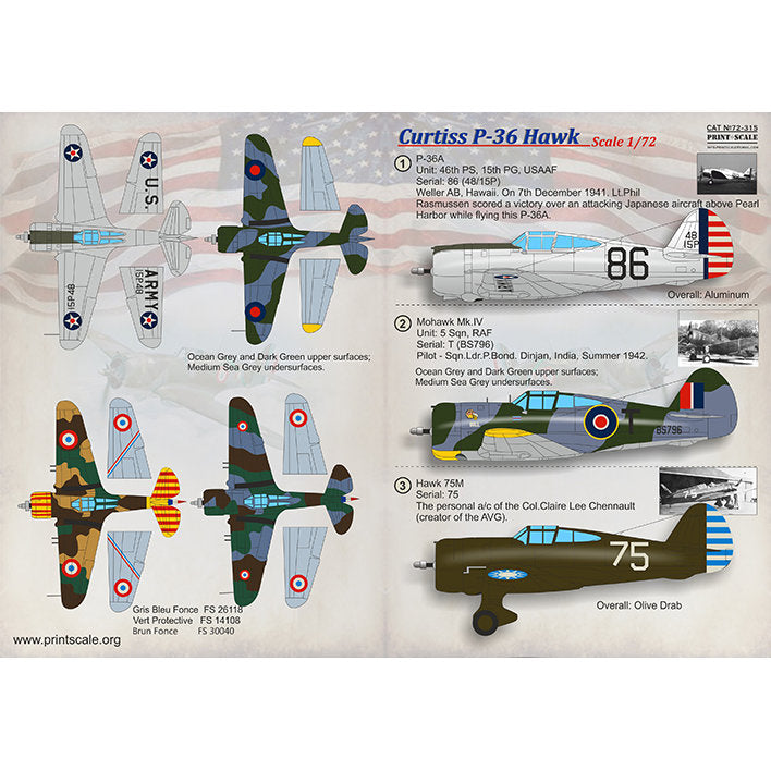 Print Scale 72-315 Decal Curtiss P-36 Hawk Scale 1:72 for Aircraft Plastic model kit