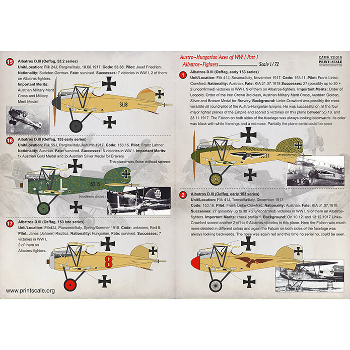 Print Scale 72-316 Decal Austro-Hungarian Aces Part 1 Albatros-Fighters Scale 1:72 for Aircraft Plastic model kit