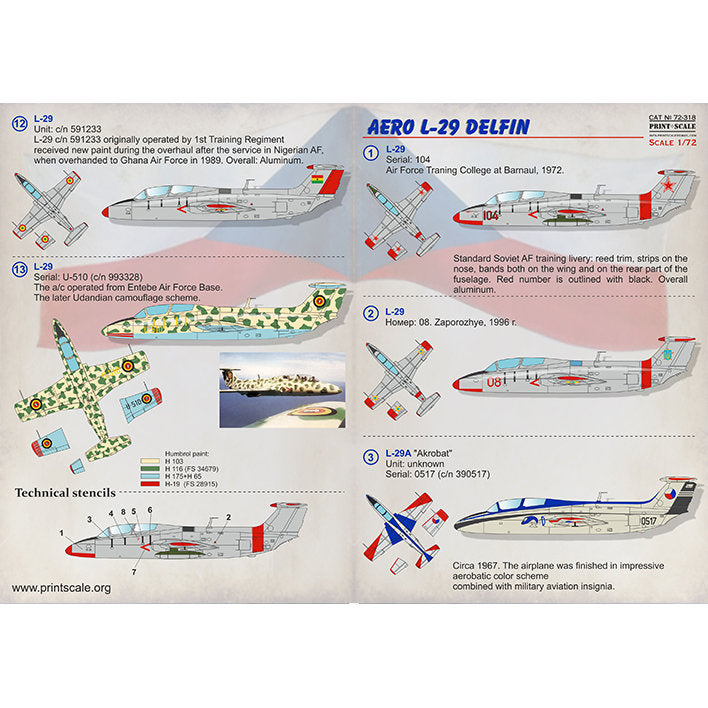Print Scale 72-318 Decal Aero L-29 Delfin Scale 1:72 for Aircraft Plastic model kit