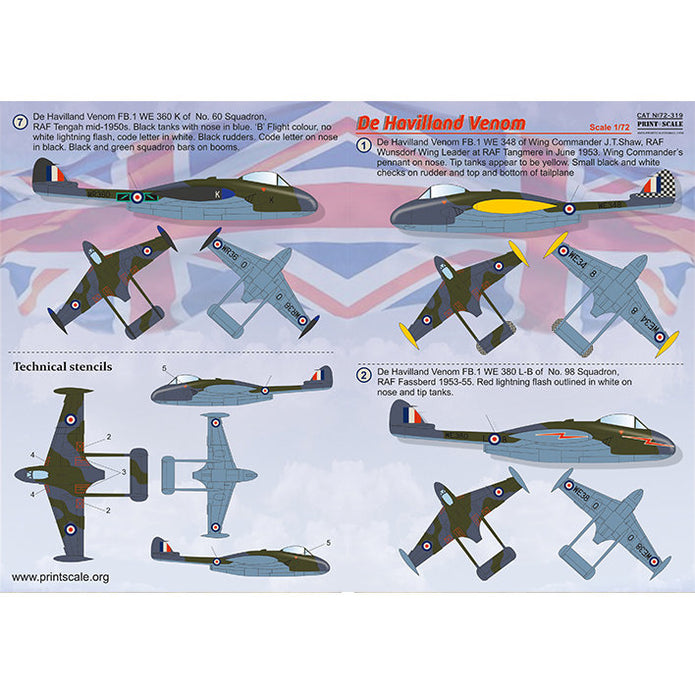 Print Scale 72-319 Decal De Heviland Venom Scale 1:72 for Aircraft Plastic model kit