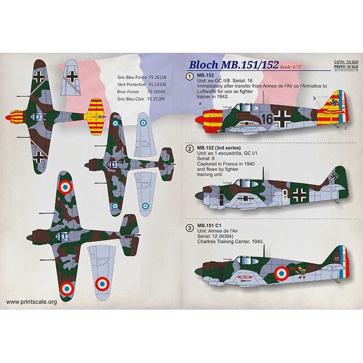 Print Scale 72-320 Decal Bloch MB.151-152 Scale 1:72 for Aircraft Plastic model kit