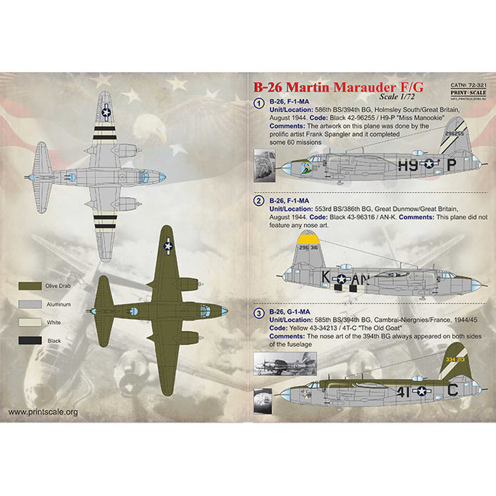 Print Scale 72-321 Decal 1:72 Martin Marauder B-26F/G In the complete set 1.5 sheets
