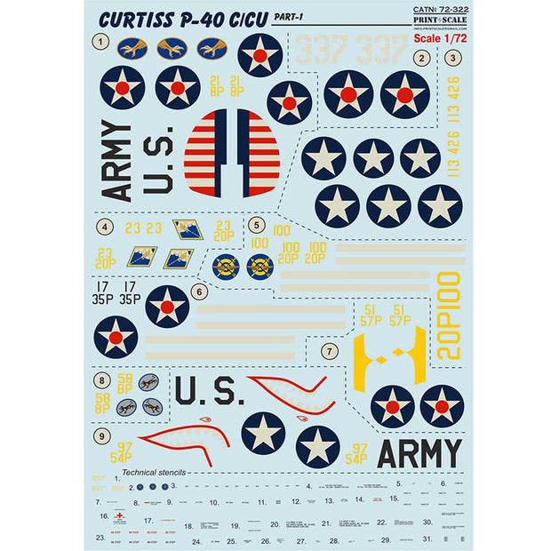 Print Scale 72-322 Decal Curtiss P-40 C/CU Part 1 Scale 1:72 for Aircraft Plastic model kit