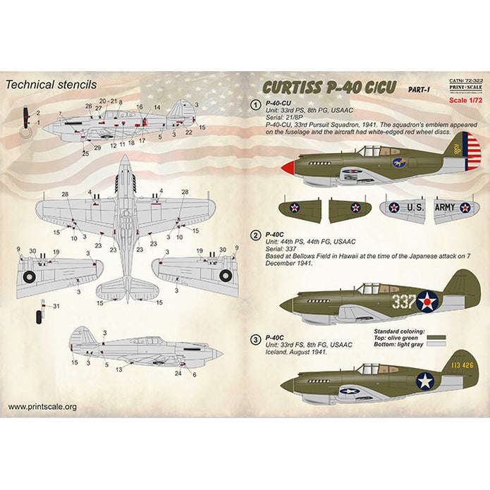 Print Scale 72-322 Decal Curtiss P-40 C/CU Part 1 Scale 1:72 for Aircraft Plastic model kit