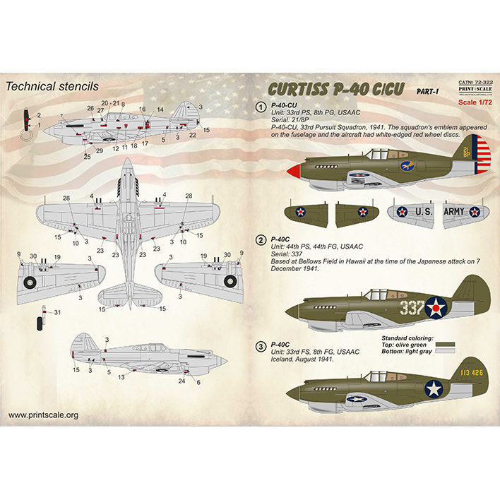 Print Scale 72-322 Decal Curtiss P-40 C/CU Part 1 Scale 1:72 for Aircraft Plastic model kit