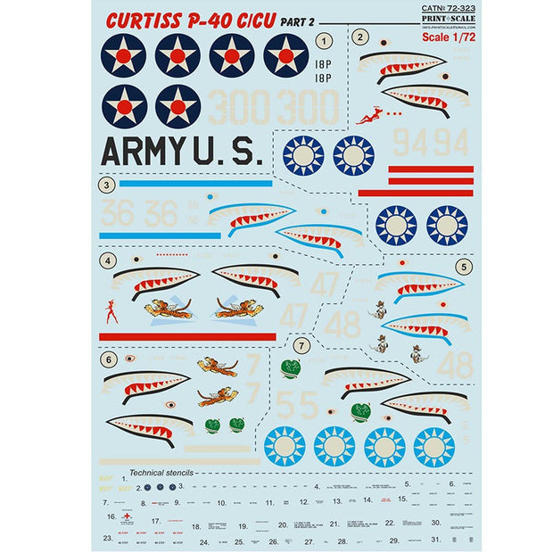 Print Scale 72-323 Decal Curtiss P-40 C/CU Part 2 Scale 1:72 for Aircraft Plastic model kit