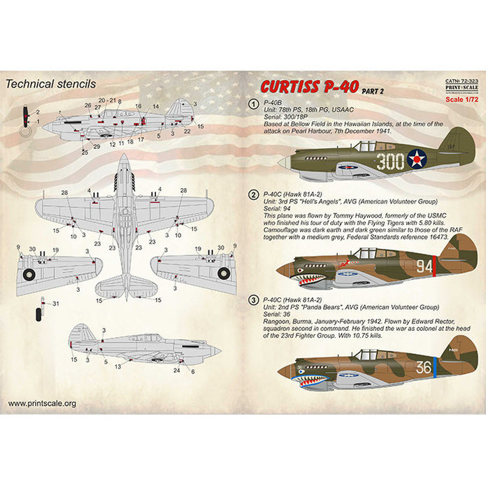 Print Scale 72-323 Decal Curtiss P-40 C/CU Part 2 Scale 1:72 for Aircraft Plastic model kit