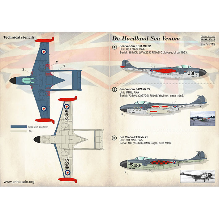 Print Scale 72-326 Decal De Havilland Sea Venom Scale 1:72 for Aircraft Plastic model kit