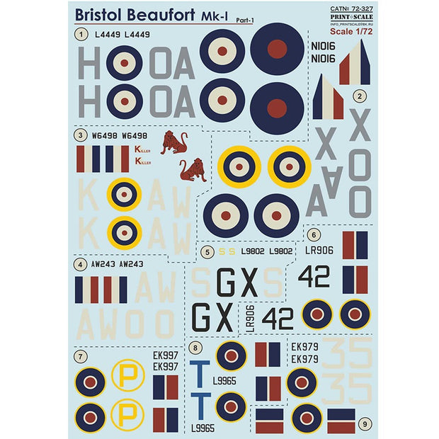 Print Scale 72-327 Decal Bristol Beaufort Part 1 Scale 1:72 for Aircraft Plastic model kit