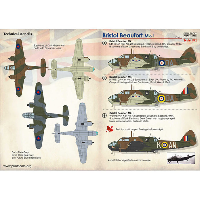 Print Scale 72-327 Decal Bristol Beaufort Part 1 Scale 1:72 for Aircraft Plastic model kit