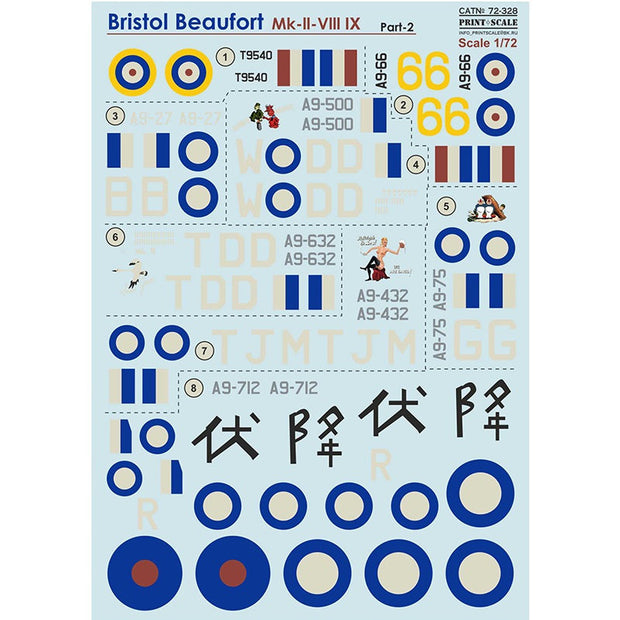 Print Scale 72-328 Decal Bristol Beaufort Part 2 Scale 1:72 for Aircraft Plastic model kit