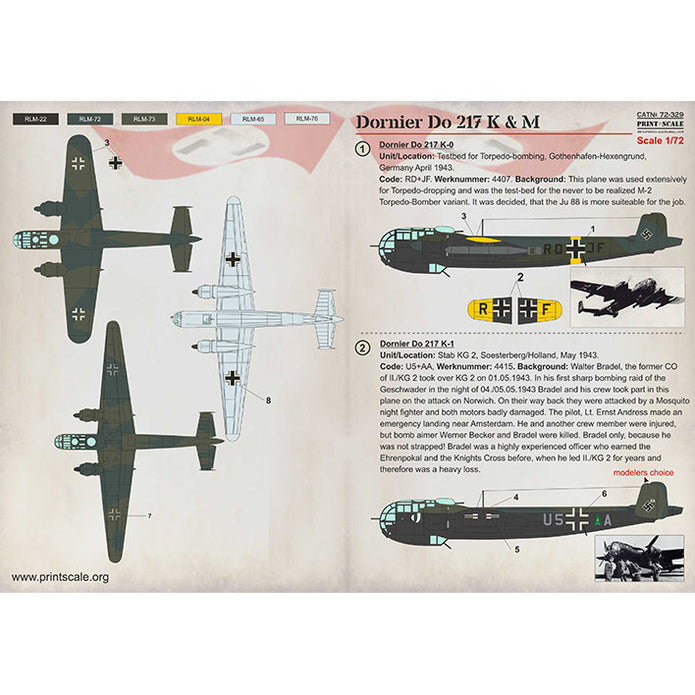 Print Scale 72-329 Decal Dornier Do.217 K&M In the complete set 1.5 sheets Scale 1:72 for Aircraft Plastic model kit